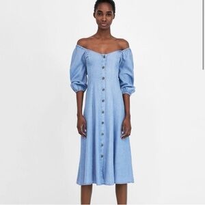 Zara blue chambray midi dress.